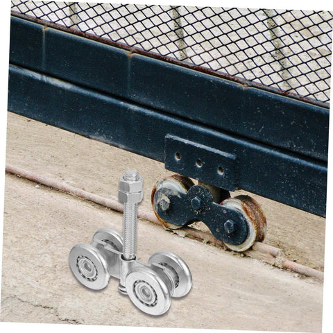 Sliding Door Track Roller Set For Heavy Duty Industrial And Home Use Replacement Steel Barn Door Wheel shown on tracks
