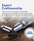 One Piece Cast Aluminum Round Bottom Bar Scoop 85 Ounce Utility Ice Flour Sugar Candy Heavy Duty Workhorse Durable Commercial Grade For Bars And Kitchens Perfect For Bars And Catering Hand Wash Only shown stacked on a wooden counter with coffee beans.