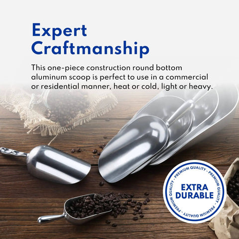 One Piece Cast Aluminum Round Bottom Bar Scoop 85 Ounce Utility Ice Flour Sugar Candy Heavy Duty Workhorse Durable Commercial Grade For Bars And Kitchens Perfect For Bars And Catering Hand Wash Only shown stacked on a wooden counter with coffee beans.