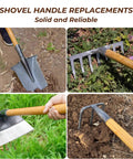 55 Inch Black Locust Shovel Handle Replacement Workhorse Hardwood Handle Built To Last For Shovel Rake Hoe Pitch Fork Digging Fork Broad Fork Garden Tools 1 Piece shown in use with shovel, rake, hoe, and fork