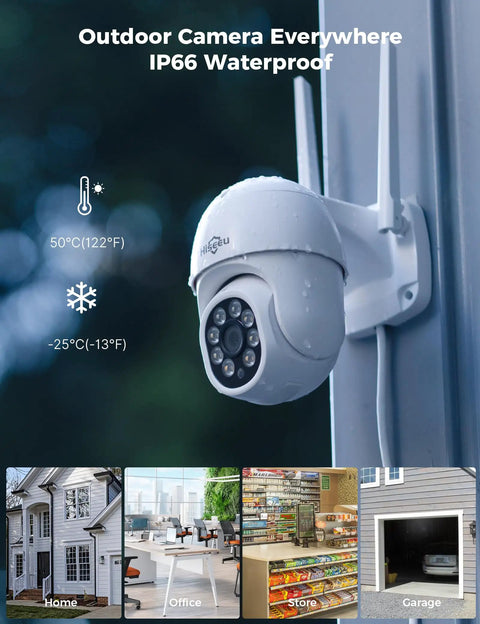 IP66 weatherproof 5MP Wireless Security Camera System with 8 Cameras displayed outdoors, with temperature range indicators.