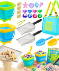Ultimate 24 Piece Beach Toys Set For Kids Ages 3 To 10 With Metal Sand Sifter, shovels, collapsible buckets, gems, and bag.