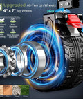 Close-up of all-terrain wheels with brakes for Double Decker Wagon With 54 Inch Tailgate 400 L Total Capacity Heavy Duty 560 Lbs Foldable Utility Cart