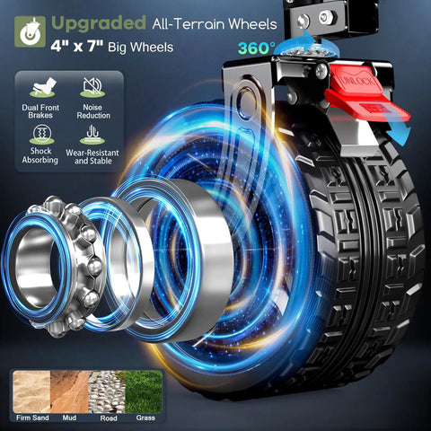 Close-up of all-terrain wheels with brakes for Double Decker Wagon With 54 Inch Tailgate 400 L Total Capacity Heavy Duty 560 Lbs Foldable Utility Cart