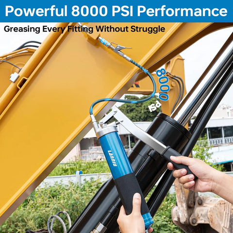 Heavy Duty 8000 PSI Lever Grease Gun Kit Built For Pro Grade Lubrication With 0.53 Inch Grease Coupler in use on machinery