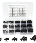 750 Pieces Black Mini Screw Assortment Kit M1.4 To M3 Phillips Pan Head Carbon Steel Fasteners, organized in a clear storage box.