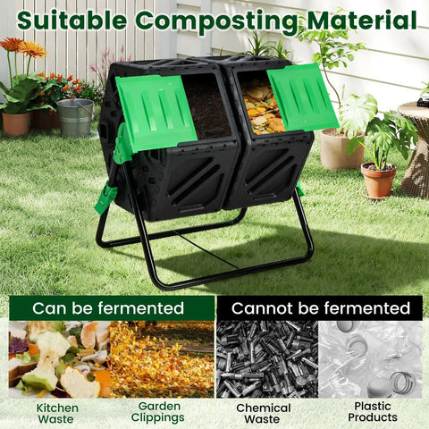 Dual Chamber Outdoor Compost Tumbler With Aeration Built Tough Heavy Duty Rotating Composter 2 Sliding Doors 34.5 Gallon Bin