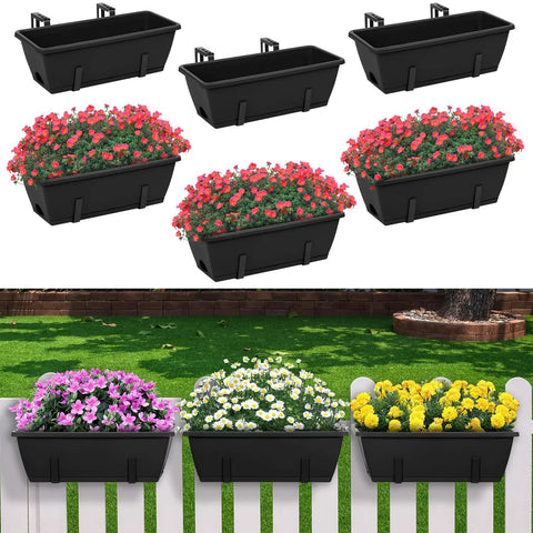 Six Pack Deck Railing Planter Boxes With Adjustable Brackets In Black For Flowers Herbs And Strawberries displayed on fence