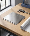Top Shelf Stainless Steel Square Sheets 2 Pack 15X15X0.08Cm on a workshop table with measuring tools.