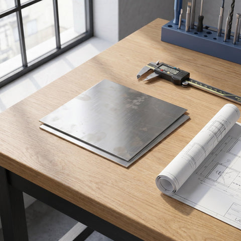 Top Shelf Stainless Steel Square Sheets 2 Pack 15X15X0.08Cm on a workshop table with measuring tools.