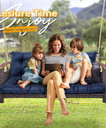 Family sitting on blue memory foam porch swing cushion for outdoor patio 60 inch by 40 inch two to three seater with headrest.