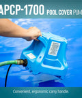 Automatic Submersible Pool Cover Pump 115V 1/3 HP With 1745 GPH, 25 Ft Cord, light blue body in use on pool cover.