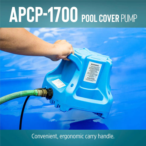 Automatic Submersible Pool Cover Pump 115V 1/3 HP With 1745 GPH, 25 Ft Cord, light blue body in use on pool cover.