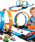 Child playing with Epic Kids Race Track Gift Set featuring 35 plus pieces, die-cast cars, four loops, blue and orange colors
