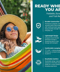 Woman relaxing in a 40-Inch Wide Brazilian Style Hammock With Hand-Woven Rope Loops And Hanging Hardware Indoor Outdoor Cotton-Poly Blend