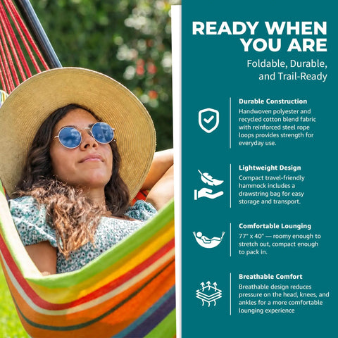 Woman relaxing in a 40-Inch Wide Brazilian Style Hammock With Hand-Woven Rope Loops And Hanging Hardware Indoor Outdoor Cotton-Poly Blend
