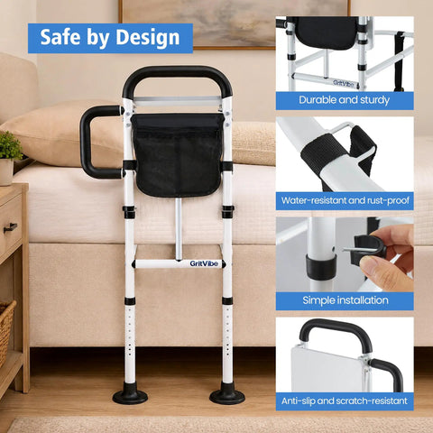 Bed Rails For Elderly Safety With Two Ergonomic Handles, 18 Level Adjustable Height, Foldable Table And Storage Pocket, ASTM F3186 Certified