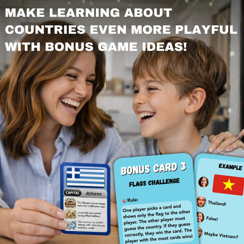 Child and parent playing with Ultimate Geography Flash Cards Set With 100 Countries Capitals Flags Maps And Continent Codes For Kids.