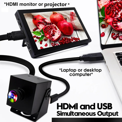 Rock Solid 4K UVC Web Cam With USB And HDMI Dual Screen Output For PC Monitors And Streaming Rigs showcasing connection to HDMI monitor.