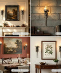 Gatheroad Pillar Candle Wall Sconces Set of 2, Gothic Lattice Crown Decor displayed in various home settings.