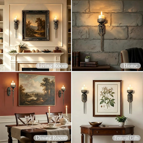 Gatheroad Pillar Candle Wall Sconces Set of 2, Gothic Lattice Crown Decor displayed in various home settings.