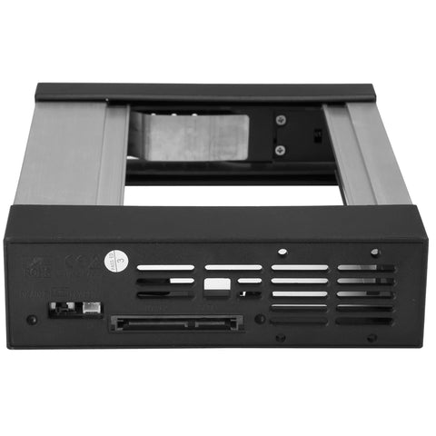 Trayless 5.25 Inch To 3.5 Inch Drive Bay For SATA And SAS HDDs And SSDs Aluminum Enclosure Hot Swap Ready Easy Swaps Between Systems Great For IT Pros Needing Quick Drive Transport front view