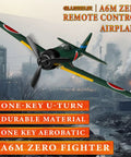 A6M Zero remote control airplane flying with one-key U-turn feature in industrial backdrop