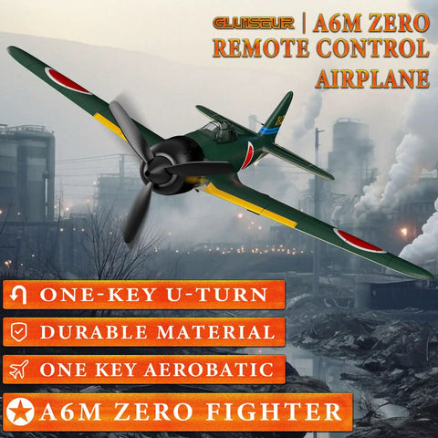 A6M Zero remote control airplane flying with one-key U-turn feature in industrial backdrop