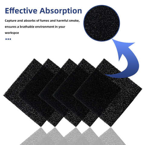5 Pack Activated Carbon Solder Fume Absorber Filters For Soldering Smoke Extractor Odor Control; five black foam filters showcased.