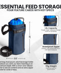 Cosmic Blue 1.6L Adjustable Handlebar Stem Bag With Zipper Pocket Weather Resistant Ripstop Secure Cord Quick Access MTB EBike Bikepacking Bag For Snacks Tools And Essentials with dimensions and key features displayed.