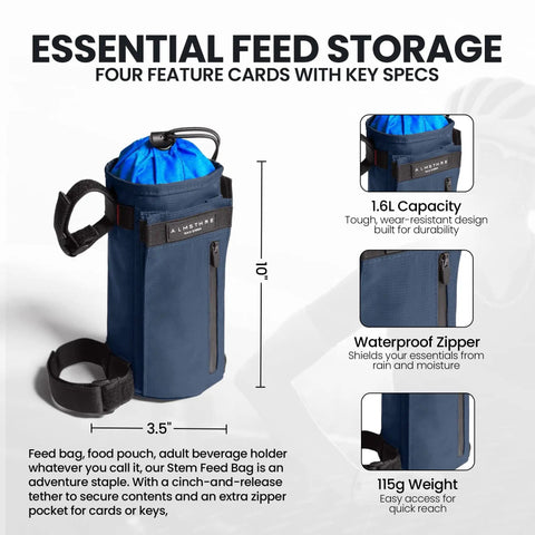 Cosmic Blue 1.6L Adjustable Handlebar Stem Bag With Zipper Pocket Weather Resistant Ripstop Secure Cord Quick Access MTB EBike Bikepacking Bag For Snacks Tools And Essentials with dimensions and key features displayed.