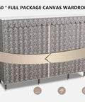 Spacious Portable Canvas Wardrobe With Hanging Rail And Integrated Shelves Large Fabric Closet Storage Organizer For Bedroom Living Room No Fuss Setup Big Ole Threads And Gear Stash, full view with patterned fabric and sturdy steel legs.