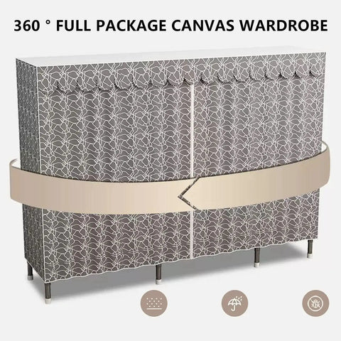 Spacious Portable Canvas Wardrobe With Hanging Rail And Integrated Shelves Large Fabric Closet Storage Organizer For Bedroom Living Room No Fuss Setup Big Ole Threads And Gear Stash, full view with patterned fabric and sturdy steel legs.