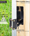Heavy Duty Two Way Gate Latch close-up, fits 1 5/8" to 2" tubes, lockable, durable for farm fence hardware.