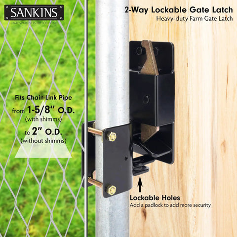 Heavy Duty Two Way Gate Latch close-up, fits 1 5/8" to 2" tubes, lockable, durable for farm fence hardware.