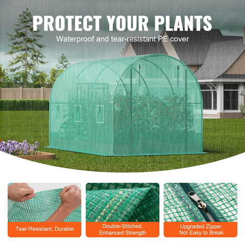 Beefed-Up Walk-In Tunnel Greenhouse With Galvanized Steel Frame And Green PE Cover, 9.6 By 6.4 By 6.2 Feet Hoop House With Roll-Up Zipper Door And Six Windows For Outdoor Plant Growing And Garden Season Extension