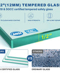 1/2 inch tempered glass showcasing ANSI and SGCC certifications for No Sweat Install 6 Panel Frameless Glass Deck Railing Kit.