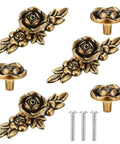 Three Pack Euro Rose Cabinet Knobs With Backplate Vintage Zinc Alloy Flower Drawer Pulls Bronze Finish For Dresser Nightstand Cupboard Wardrobe Retro Vibe Upgrade shown with screws
