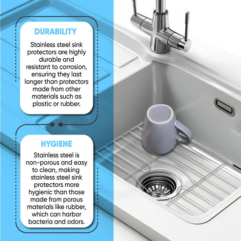 Stainless Steel Sink Protector Grid And Mat For Kitchen Sinks 18 X 12 X 1 Inch shown in use with a cup on a kitchen sink.