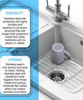 Stainless Steel Sink Protector Mat And Grid For Bottom Of Sink in use with cup, highlighting durability and hygiene benefits.
