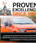 Orange Ford F-250 with Six And Three Quarter Inch Short Truck Antenna For Ford F 250 2017 To 2026 With Stainless Steel Threading Car Wash Proof Beefed Up Reception Rubber Housing And Internal Copper Coil on display.