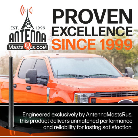 Orange Ford F-250 with Six And Three Quarter Inch Short Truck Antenna For Ford F 250 2017 To 2026 With Stainless Steel Threading Car Wash Proof Beefed Up Reception Rubber Housing And Internal Copper Coil on display.