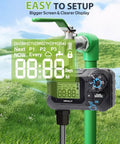 Programmable Garden Hose Water Timer for Outdoor Irrigation with display on grass, brass connector, IP65 waterproof