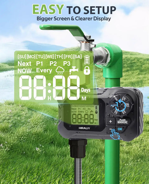 Programmable Garden Hose Water Timer for Outdoor Irrigation with display on grass, brass connector, IP65 waterproof