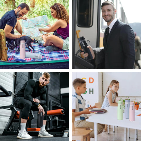 Collage of people using Stainless Steel Water Bottle With Filter That Delivers Fresher Tasting Water On The Go GoZero Everyday BPA Free Tap Water Filter Keeps Drinks Cold 24 Hours Filters Up To 40 Gallons For Daily Hydration in different settings