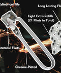 Triple Flint Torch Striker for welding with 6 replacement flints shown with eight extra refills and chrome-plated steel construction.
