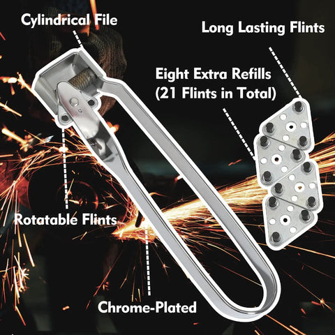 Triple Flint Torch Striker for welding with 6 replacement flints shown with eight extra refills and chrome-plated steel construction.