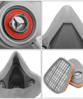 Close-up of M500 Reusable Respirator Mask With A1P2 Filters showing dual filtration system components.