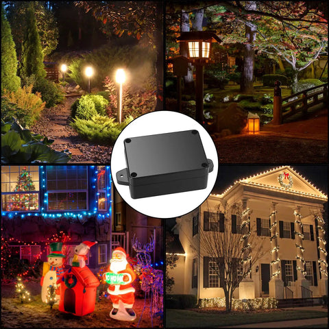 Rugged Outdoor Electrical Junction Box 4 Pack, IP65 Waterproof ABS Plastic Project Case displayed with outdoor lighting setup