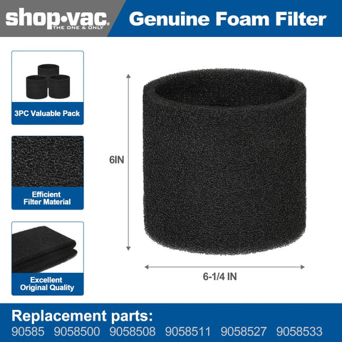 Beefed Up Replacement Paper Disc And Foam Sleeve Filter Kit For Wet Dry Vacuum Cleaners 5 Gallon And Up 6 Pack shown foam sleeve
